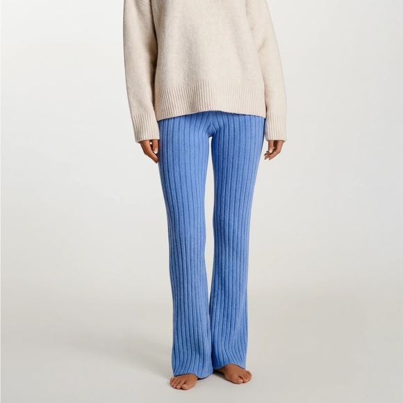 MOUSSY Sweater Knit Ribbed Pants Flare in Bright Blue Size S Cozy Luxury soft - Picture 2 of 13